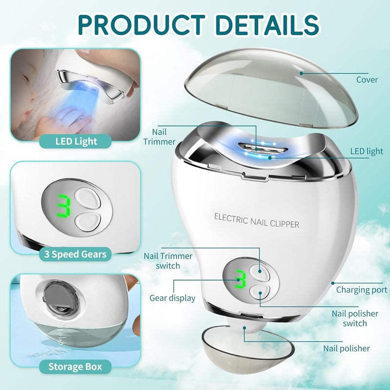 Foleto Automatic Electric Nail Clipper with LED Light & Nail File, 3 Speeds LCD Digital Display, Nail Clip Storage, USB Rechargeable Safety Fingernail Trimmer for Baby, Kids, Seniors (White) - Image 2
